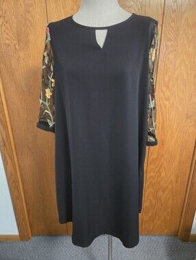 EMERY ROSE Black Shift Dress with Floral Mesh Sleeves. Size XL.